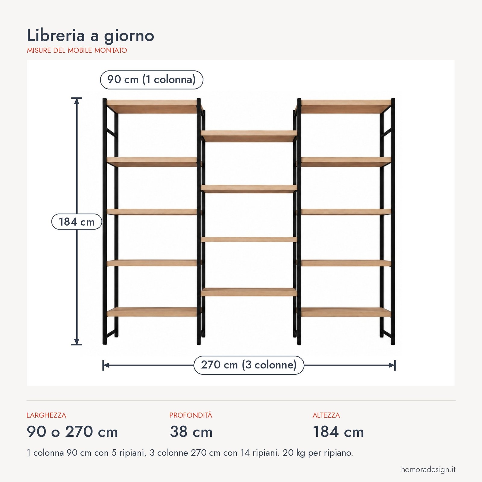 Libreria a giorno Libreria a giorno Homora Design: misure in cm