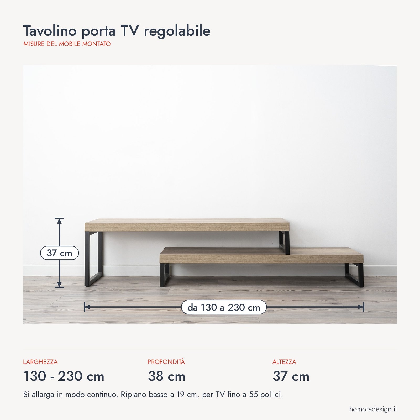 Tavolino porta TV regolabile Tavolino porta TV regolabile Homora Design: misure in cm